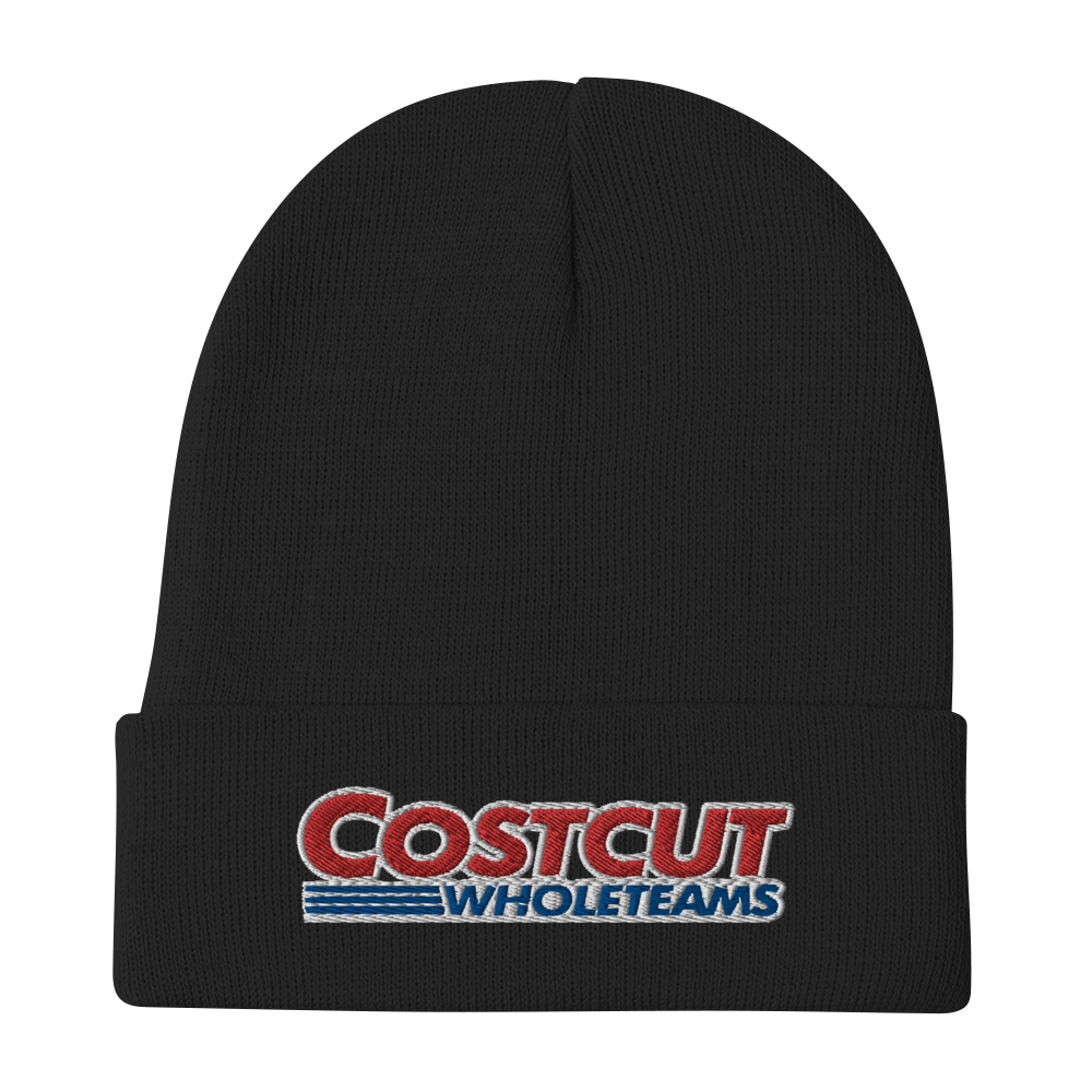 A black beanie with red and blue text "Cost cut whole teams" embroidered in the style of the "Costco Wholesale" logo