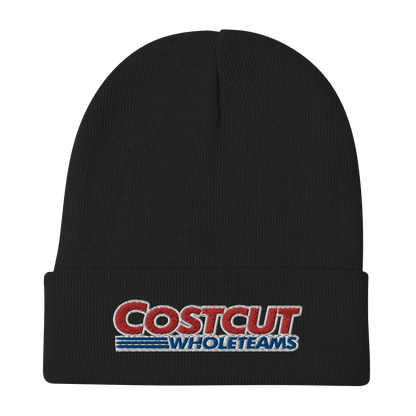 A black beanie with red and blue text "Cost cut whole teams" embroidered in the style of the "Costco Wholesale" logo