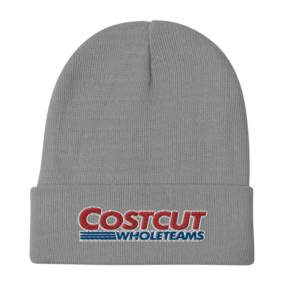 A grey/gray beanie with red and blue text "Cost cut whole teams" embroidered in the style of the "Costco Wholesale" logo