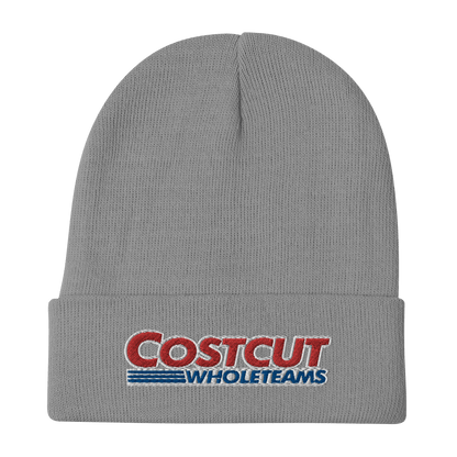 A grey/gray beanie with red and blue text "Cost cut whole teams" embroidered in the style of the "Costco Wholesale" logo