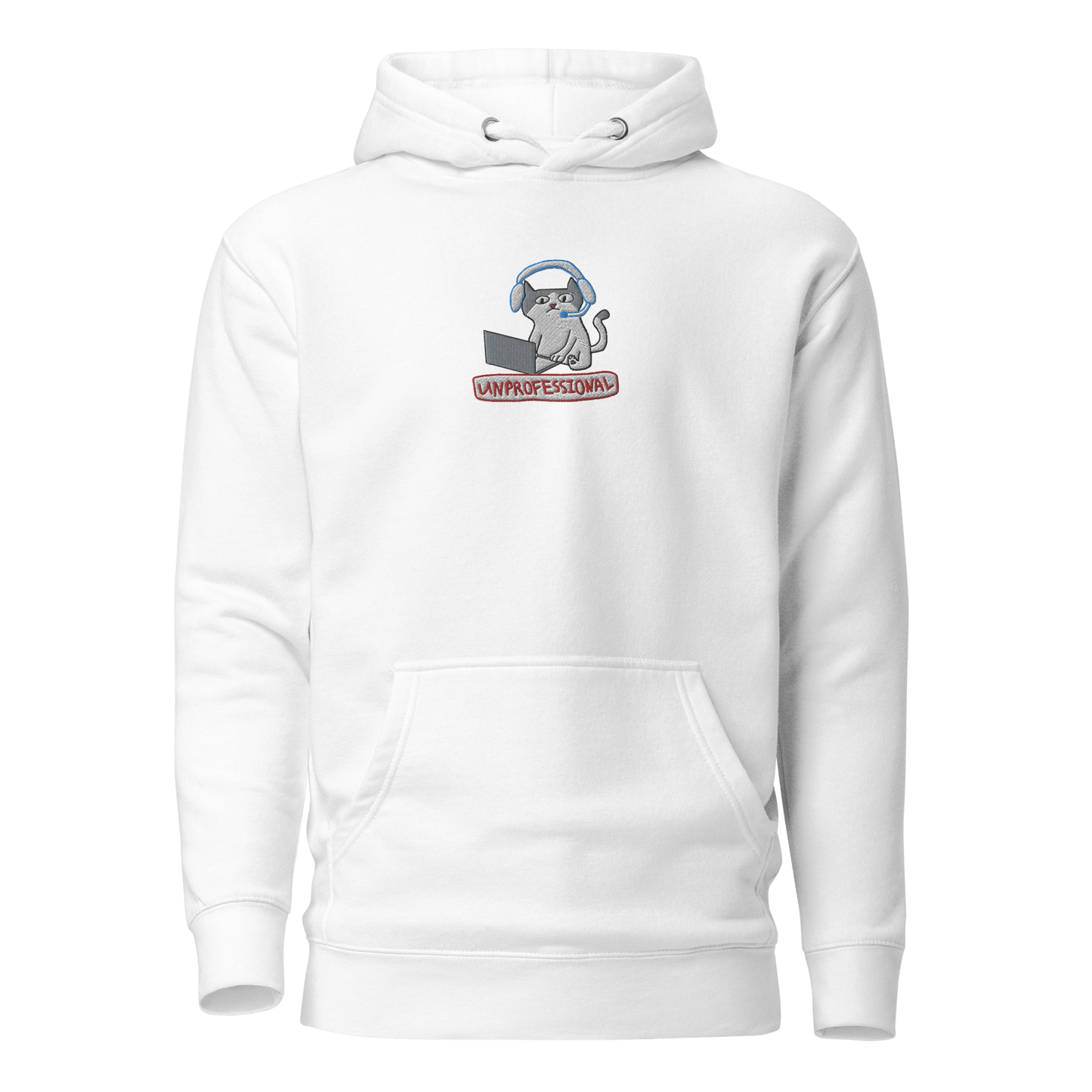 A graphic depicting a cute cartoon grey and white cat wearing headphones and using a laptop looking confused with "UNPROFESSIONAL" crudely stamped below it is embroidered onto a white hoodie.