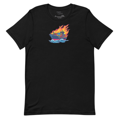 A black t-shirt with a large graphic printed on the chest depicting a cargo boat full of shipping containers sailing while a massive flame engulfs the ship above deck