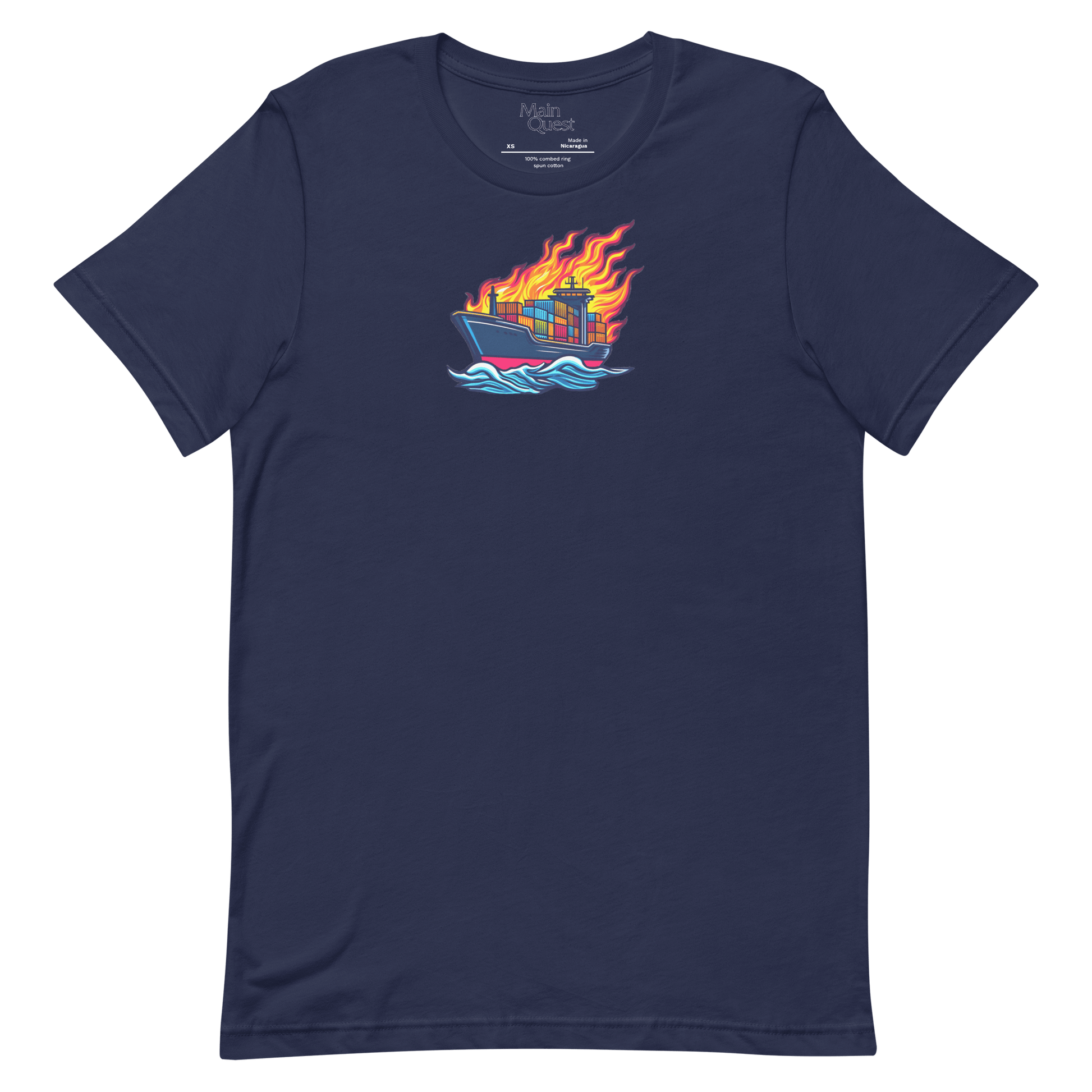 A navy blue t-shirt with a large graphic printed on the chest depicting a cargo boat full of shipping containers sailing while a massive flame engulfs the ship above deck