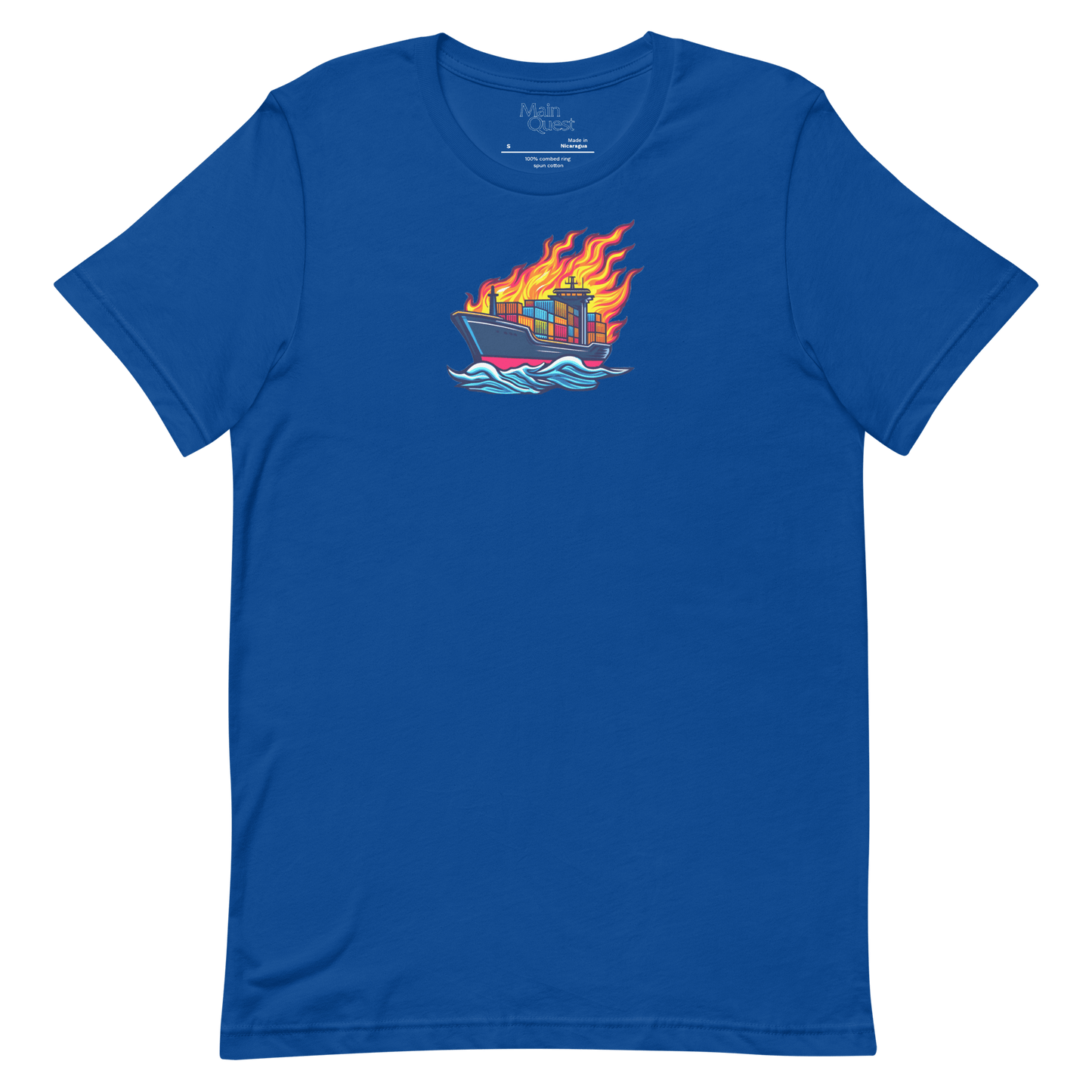 A royal blue t-shirt with a large graphic printed on the chest depicting a cargo boat full of shipping containers sailing while a massive flame engulfs the ship above deck